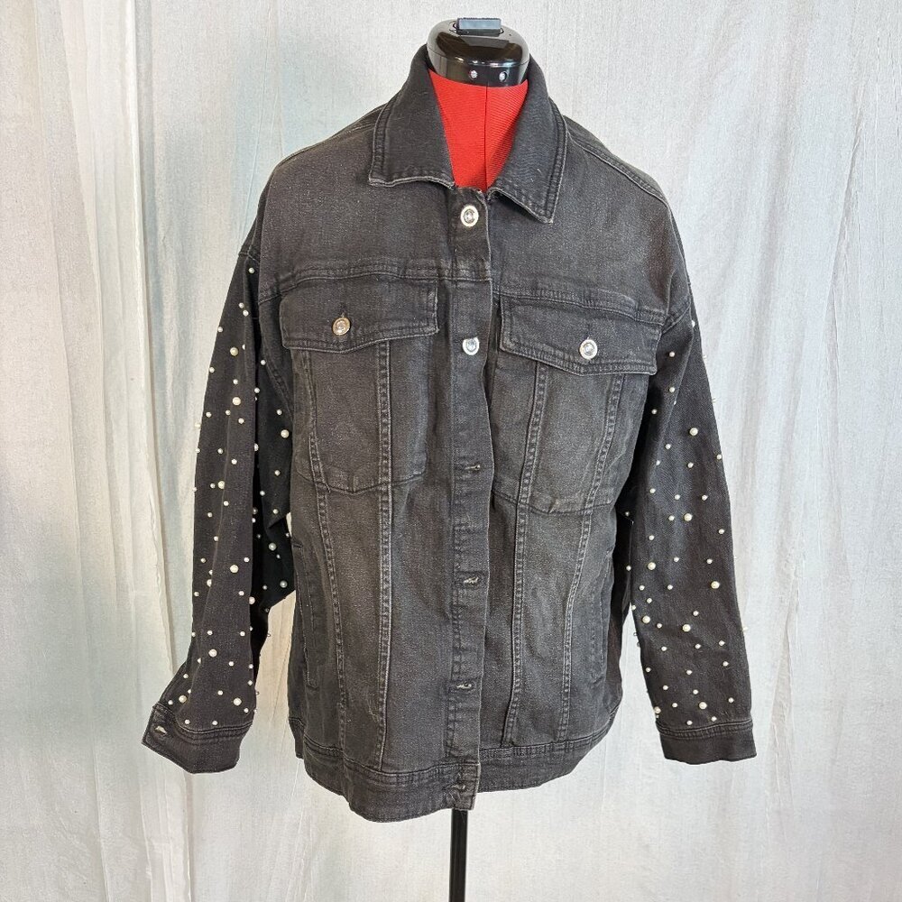 IMAN Womens Denim Jean Jacket NWT Size 1X Black Pearls 360 Slimming Technology